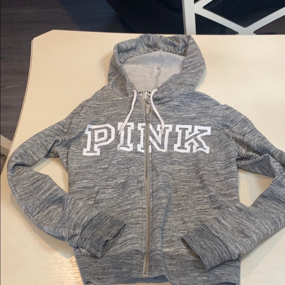 💋PINK brand zip up hoodie. Gray. Size M.